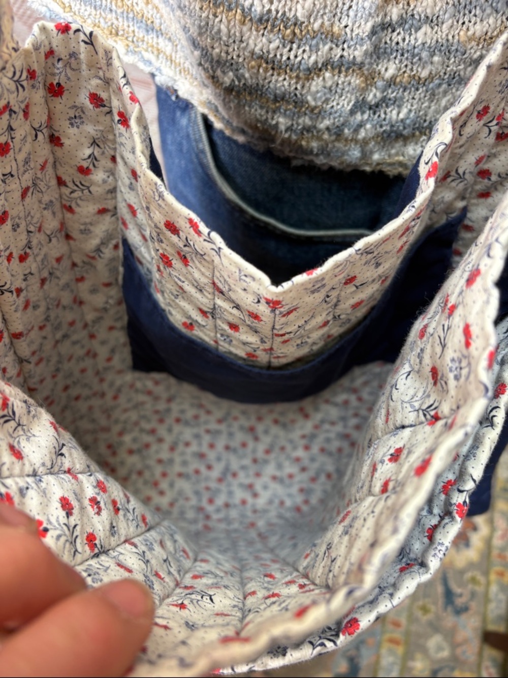 Handcrafted Quilted Navy Patchwork Flower Tote Bag - Picture 5 of 10